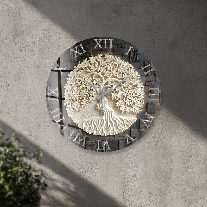 Tree of Life Glass Wall Clock – Rustic Wood Look Decor