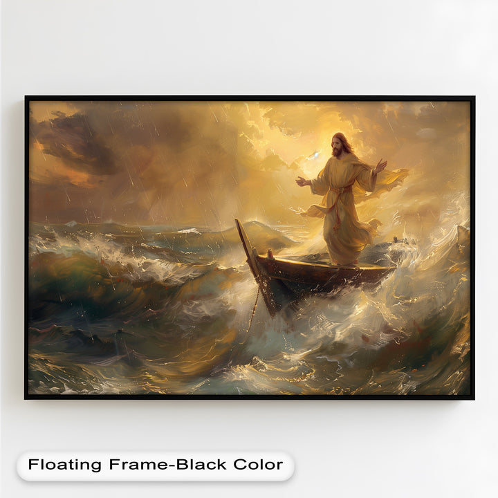 This oil painting is a symbol of faith and resilience, illustrating Jesus standing boldly against the forces of nature. A captivating addition to any sacred space, this artwork embodies the power of belief and divine serenity.

