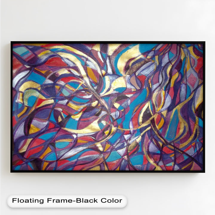Vibrant abstract artwork with overlapping curved forms and rich hues of magenta, turquoise, and gold.

