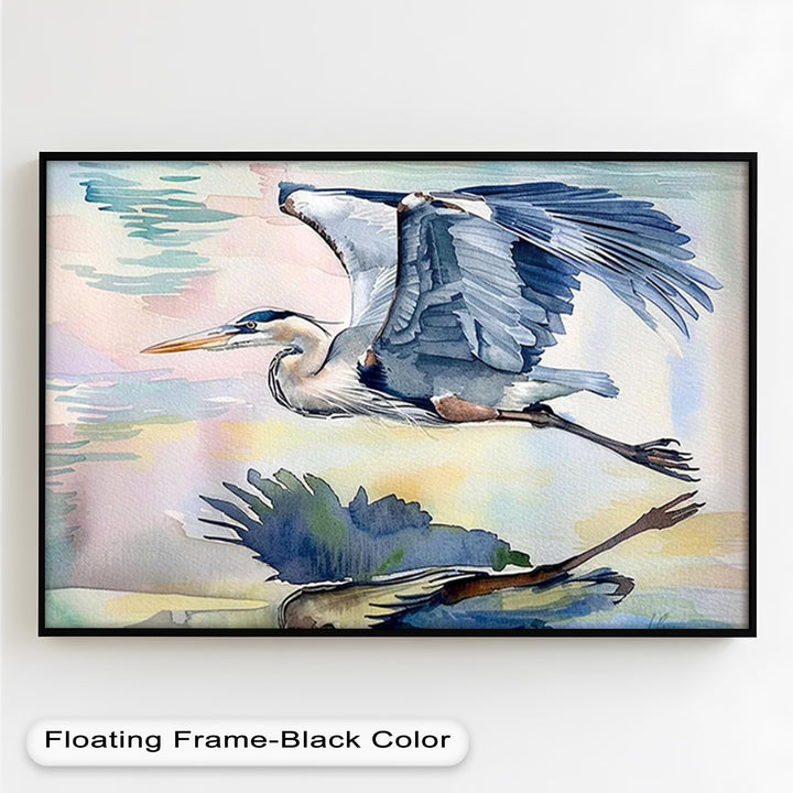 Serene watercolor artwork showing a long-legged bird soaring low over tranquil waters with a gentle shadow following.