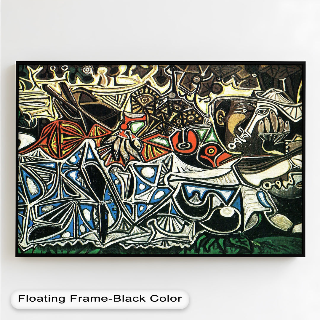 Expressionist artwork featuring distorted facial features, tribal-like motifs, and intersecting planes in bold colors.
