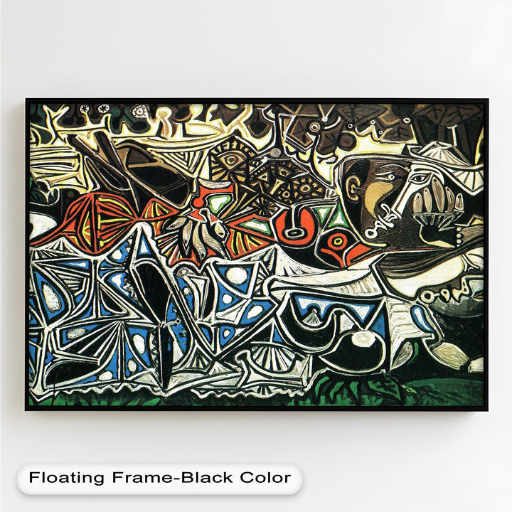 Expressionist artwork featuring distorted facial features, tribal-like motifs, and intersecting planes in bold colors.