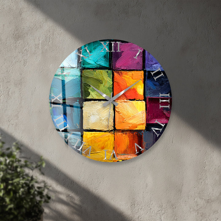 Colorful Abstract Glass Wall Clock – Textured Geometric Painting