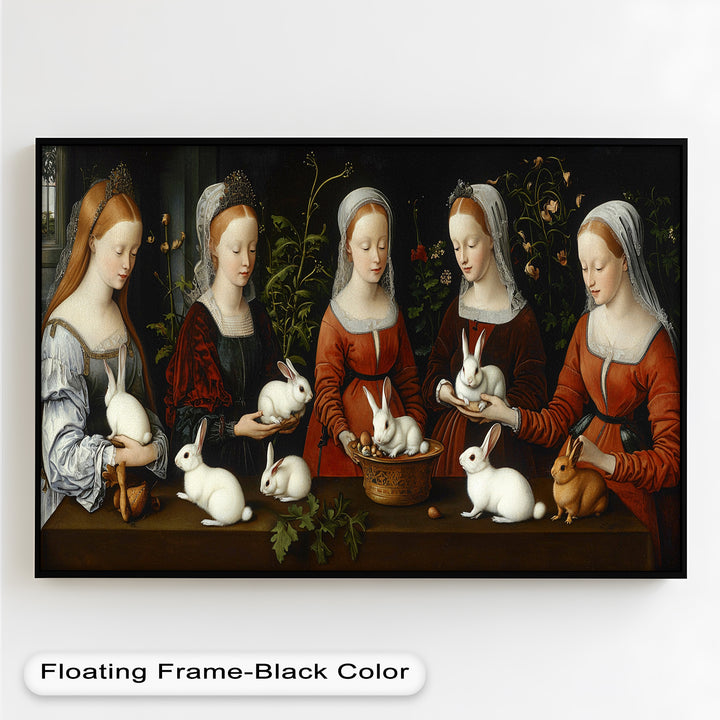 Maiden Garden Gathering – Renaissance Rabbit Portrait Oil Painting