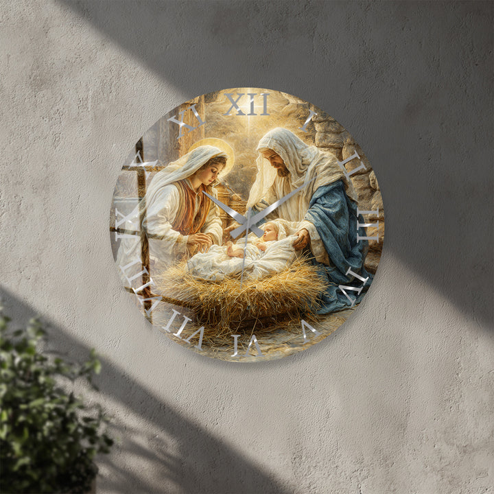 Nativity Scene Glass Wall Clock – Holy Family Christmas Decor