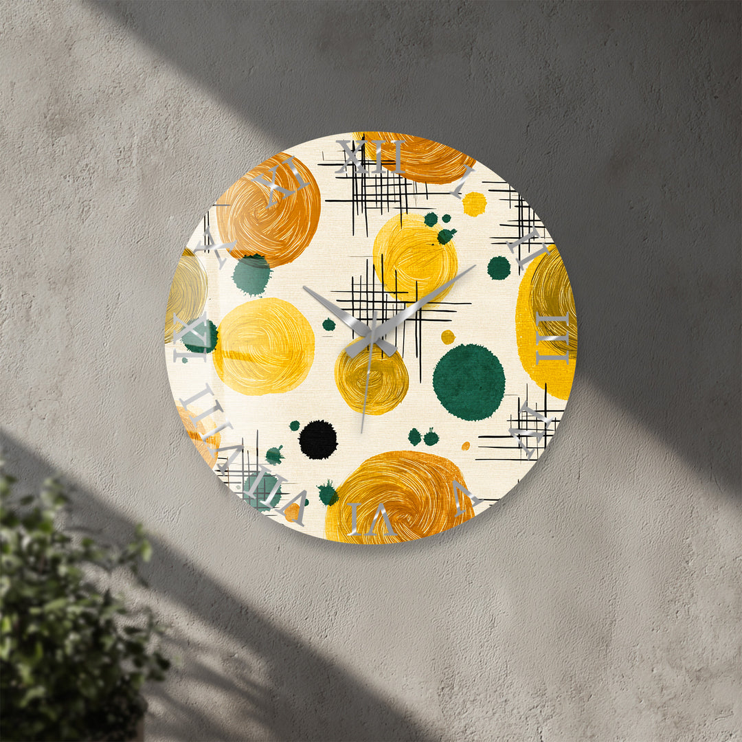 Mustard Yellow Glass Wall Clock – Retro Abstract Circle Art
