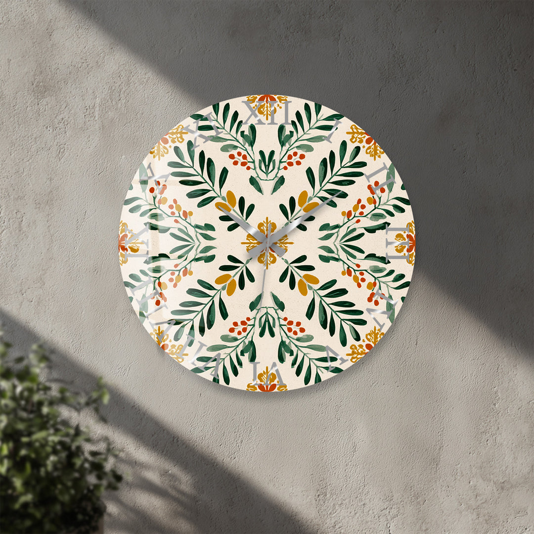 Botanical Glass Wall Clock – Green Leaf Farmhouse Decor