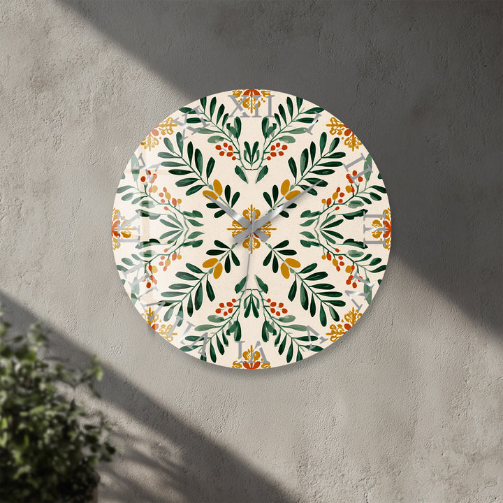 Botanical Glass Wall Clock – Green Leaf Farmhouse Decor