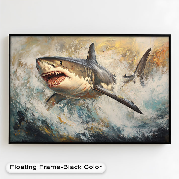 Ferocious Great White Shark Leaping Through Waves - Animal Oil Painting