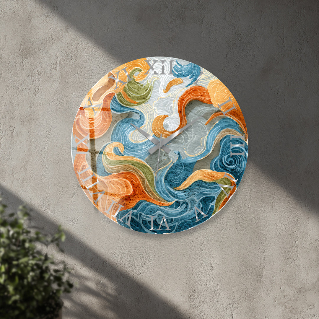 Abstract Ocean Glass Wall Clock – Blue and Orange Wave Art