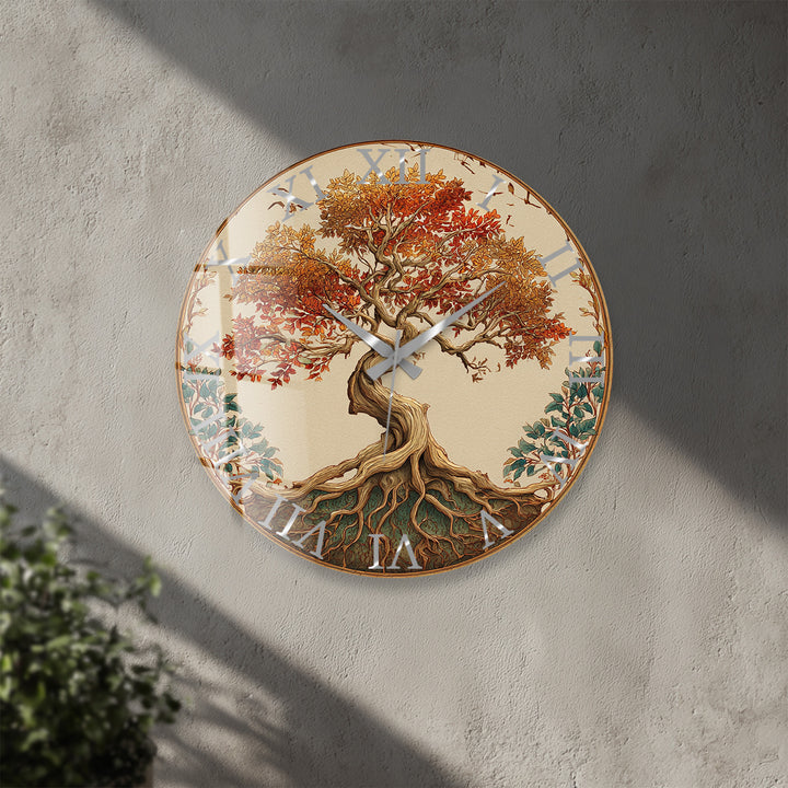 Autumn Tree of Life Glass Wall Clock – Rustic Fall Decor