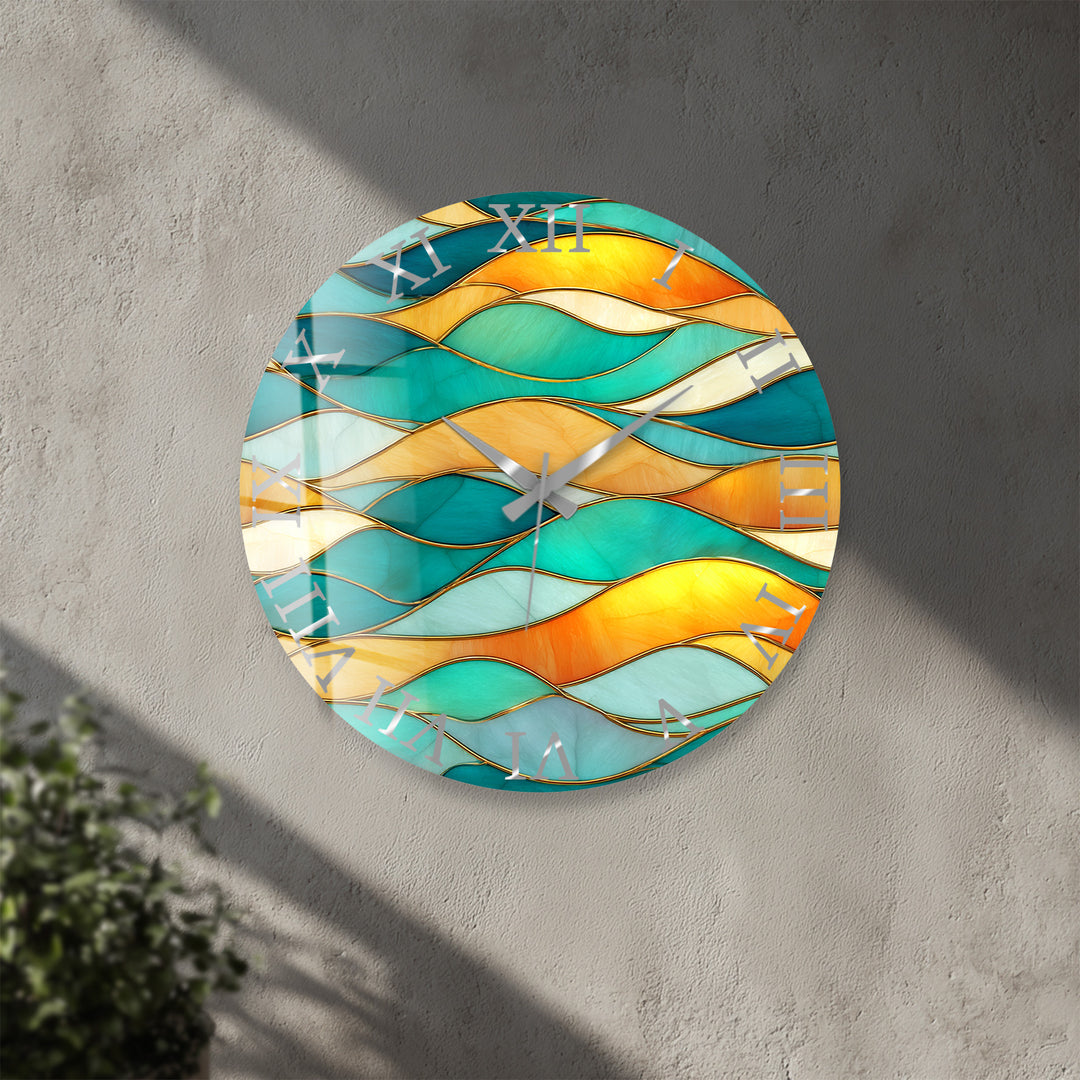 Turquoise Wave Glass Wall Clock – Abstract Stained Glass Decor