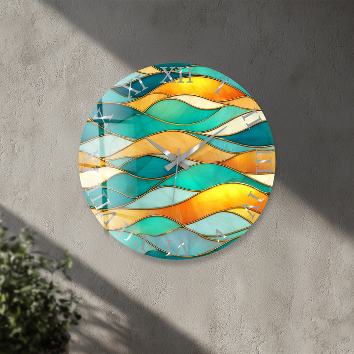 Turquoise Wave Glass Wall Clock – Abstract Stained Glass Decor