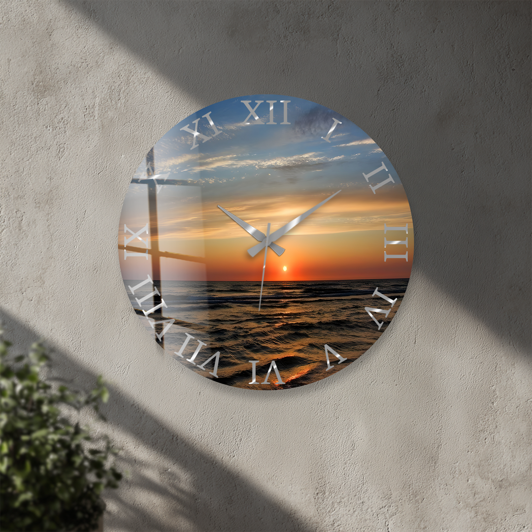 Ocean Sunset Glass Wall Clock – Coastal Beach Decor
