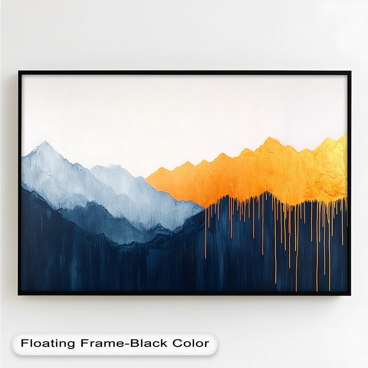 Contemporary wall art with textured golden summits over darkened ridges.
