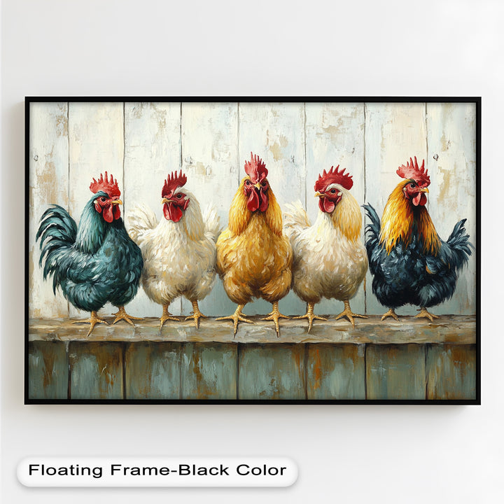 Colorful Roosters on a Wooden Fence – Animal Oil Painting