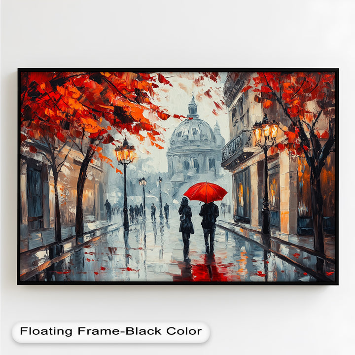 Lovers Walking with Red Umbrella - Love Oil Painting