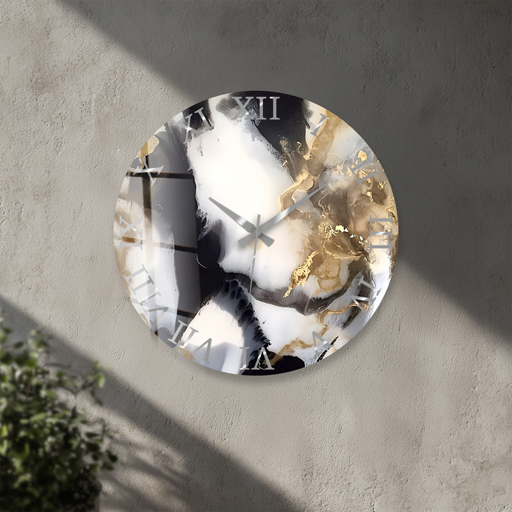 Black and Gold Marble Glass Wall Clock – Abstract Luxury Decor