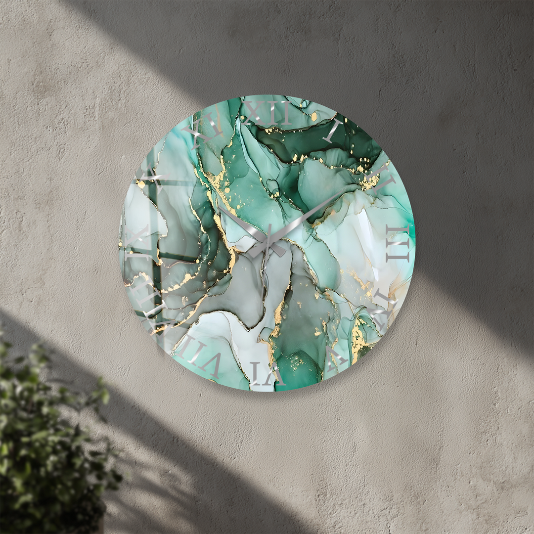 Emerald Green Marble Glass Wall Clock – Gold Accent Decor