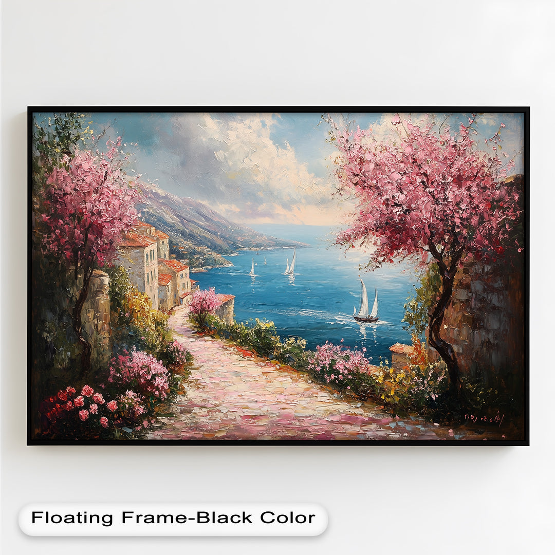 Incredible Sea Street & Spring Blossoms – Coastal Charm Oil Painting