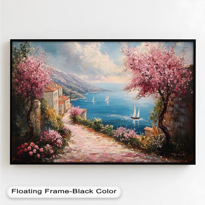 Incredible Sea Street & Spring Blossoms – Coastal Charm Oil Painting