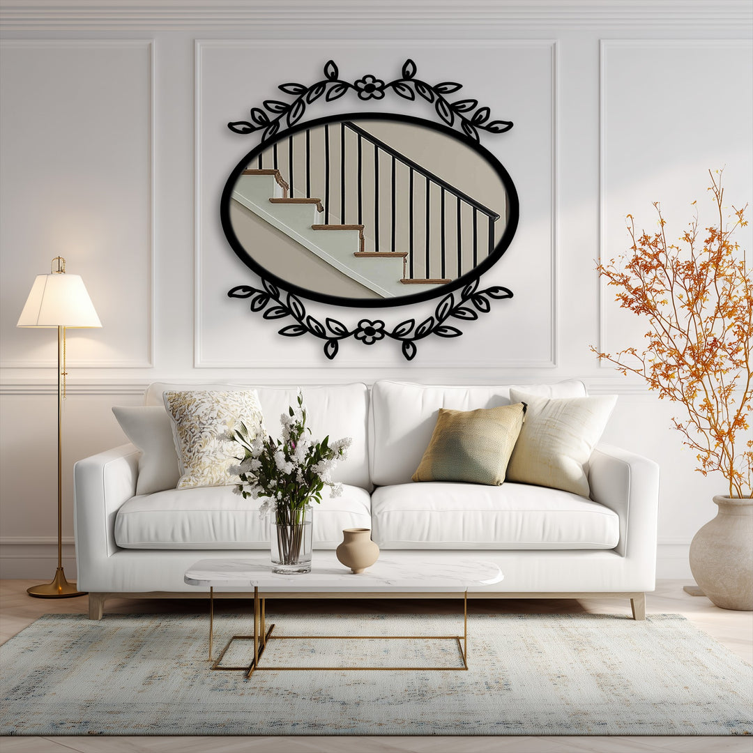 White tones dominate the view of this botanical elegance oval floor mirror with a floral vine frame, a beautiful piece of metal wall decor.