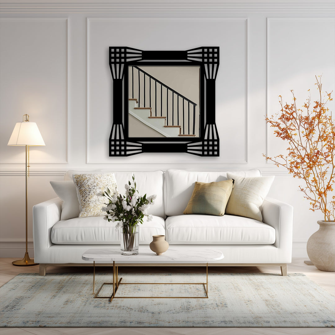 Lines seem to cascade outwards from the central reflection in this floor mirror, imbuing a sense of movement within its architectural grid and geometric frame, ideal for enhancing a modern metal artwork display.