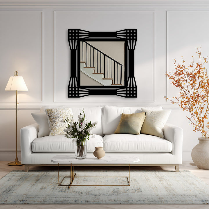 Lines seem to cascade outwards from the central reflection in this floor mirror, imbuing a sense of movement within its architectural grid and geometric frame, ideal for enhancing a modern metal artwork display.