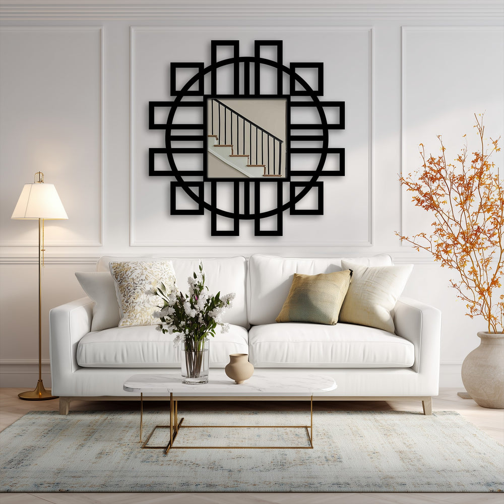 Finished in matte black, this geometric fusion square floor mirror with circular frame accent is an eye-catching piece of metal artwork.