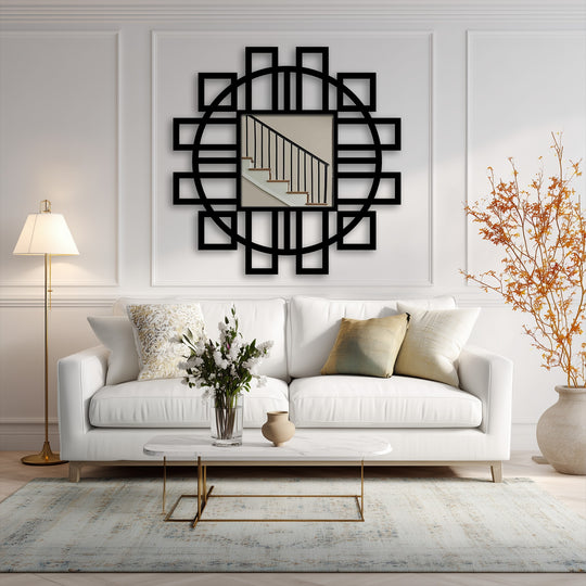 Finished in matte black, this geometric fusion square floor mirror with circular frame accent is an eye-catching piece of metal artwork.