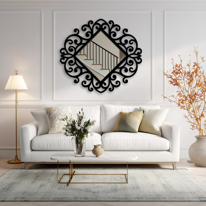 Reflecting the staircase with subtle color shifts, the ornate baroque frame highlights the modern wall mirrors, merging dark decoration wall art with light.