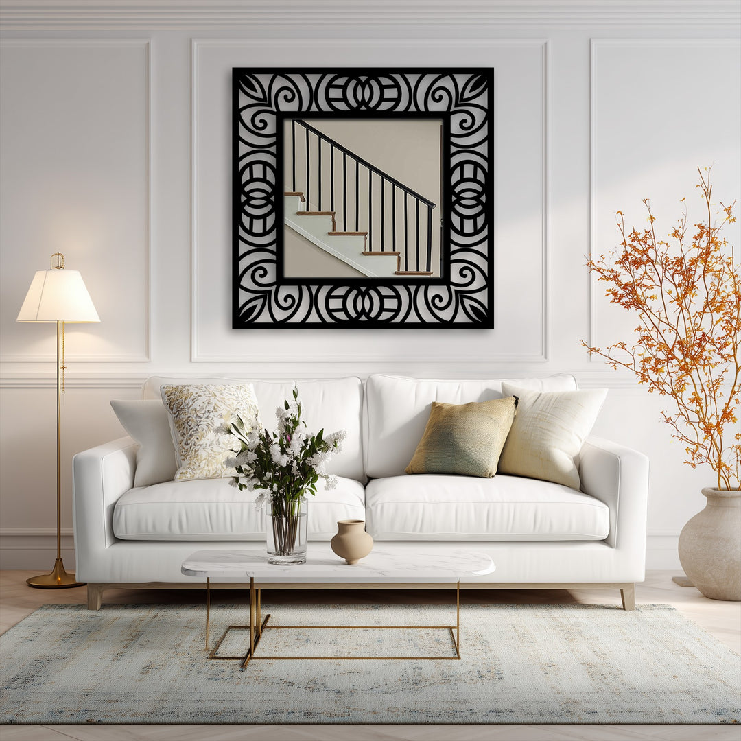 Finely crafted, the ornamental scroll pattern square floor mirror features geometric metal accents, offering a striking piece of unique metal wall art for sophisticated home decor.
