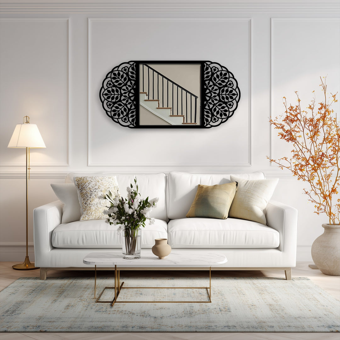 The floral mandala patterns of the framed vertical floor mirror give off an illusion of spiraling, creating a sense of visual flow within this striking metal artwork.