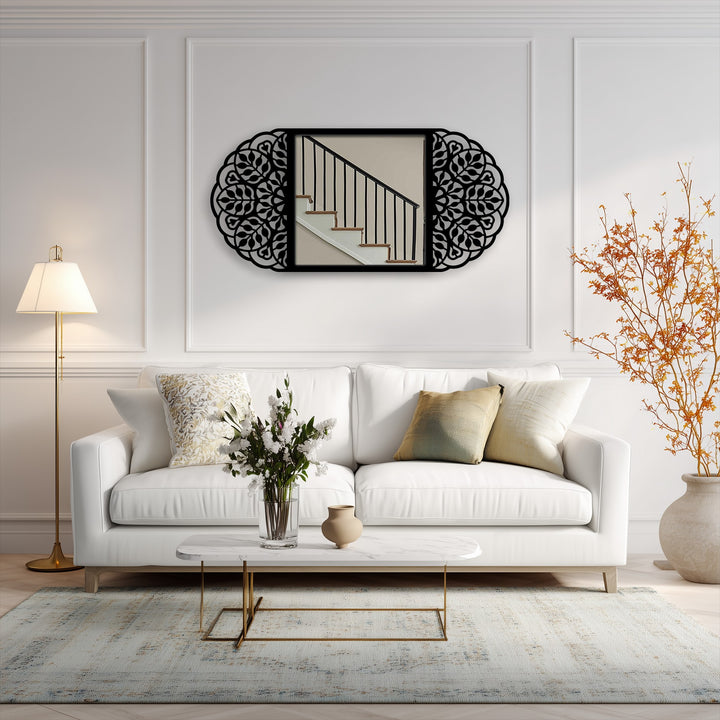 The floral mandala patterns of the framed vertical floor mirror give off an illusion of spiraling, creating a sense of visual flow within this striking metal artwork.