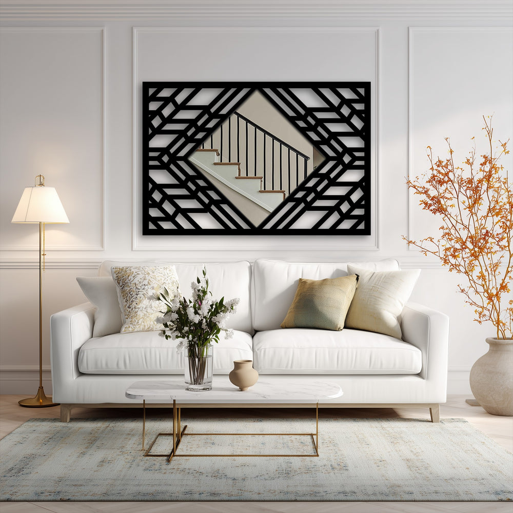 Highlighting its abstract quality, this Art Deco mirror's geometric metal frame creates a captivating interplay of light and shadow, a striking example of modern wall mirrors.