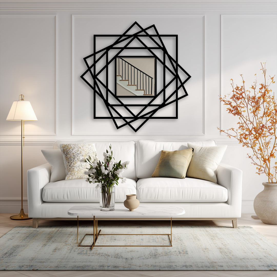 Focusing on its edge, this modern framed wall mirror features layered geometric square designs forming abstract lines with a sleek black border.