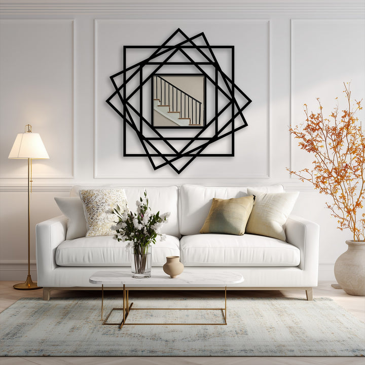 Focusing on its edge, this modern framed wall mirror features layered geometric square designs forming abstract lines with a sleek black border.