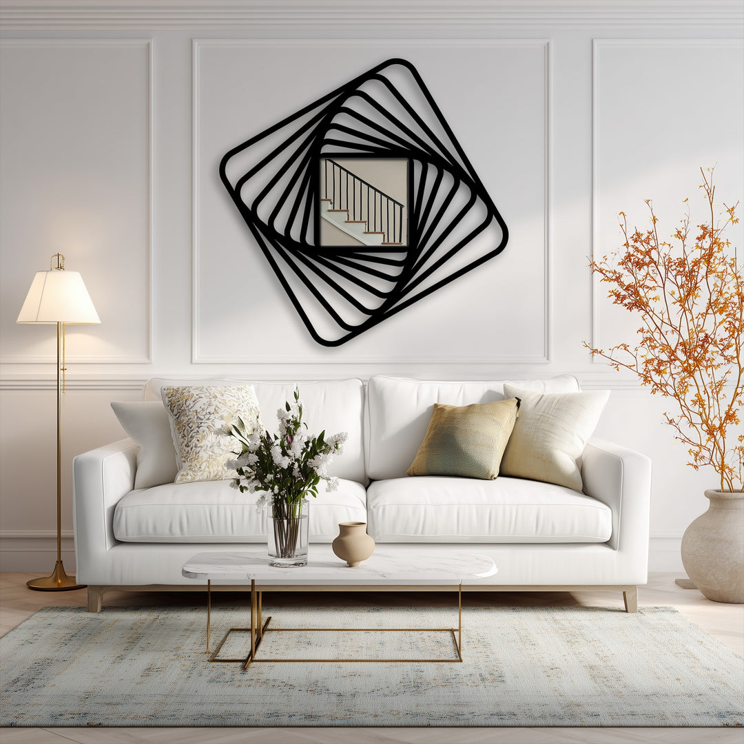 Featuring a black matte finish, the twisted square spiral frame of this modern floor mirror offers a striking depth, enhancing the dynamic lines of the metal wall decor.