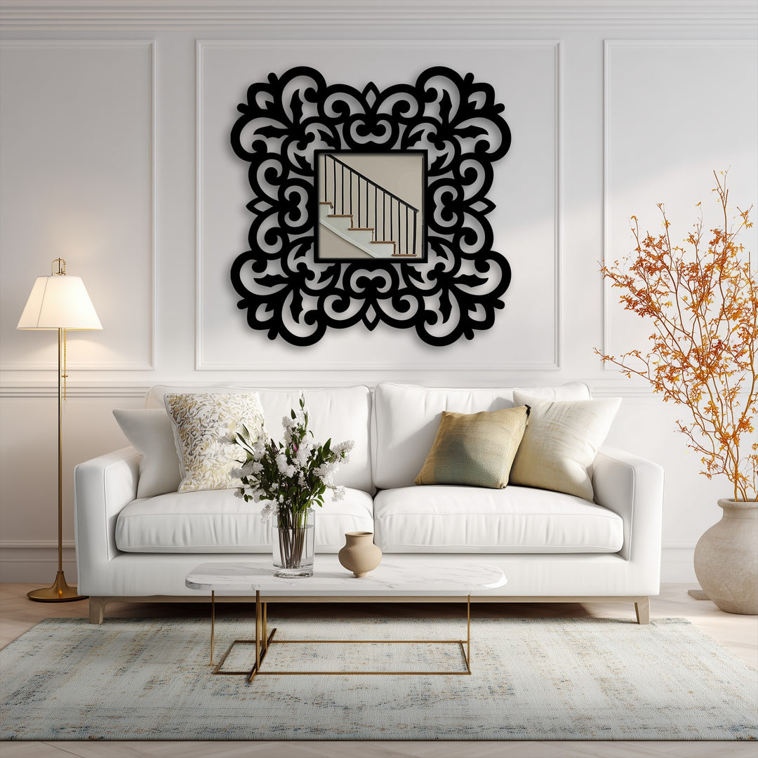 Showcasing the layering effect, this ornate floral scroll frame square floor mirror features decorative metal wall decor creating depth against the patterned wall.