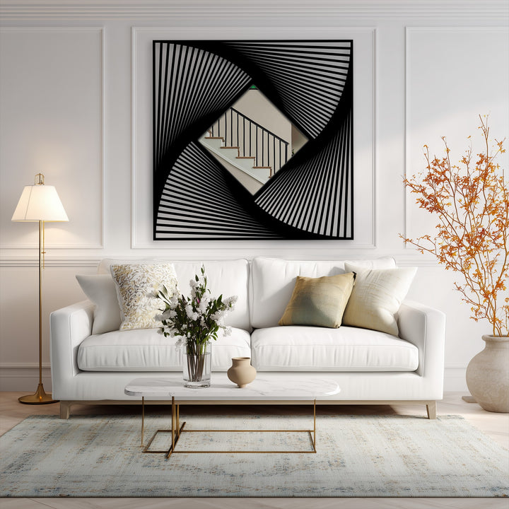The foreground showcases a marble coffee table with a vase of white flowers, contrasting with the radial line bathroom mirror reflected in the abstract design.
