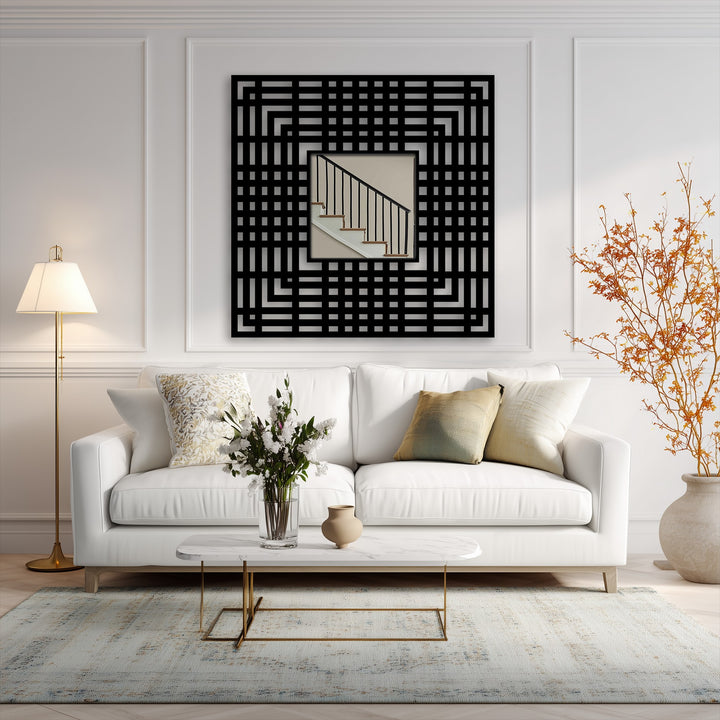 Negative space defines the geometric grid's linear design in this eye-catching square floor mirror for wall decor, creating a modern and unique metal art aesthetic.