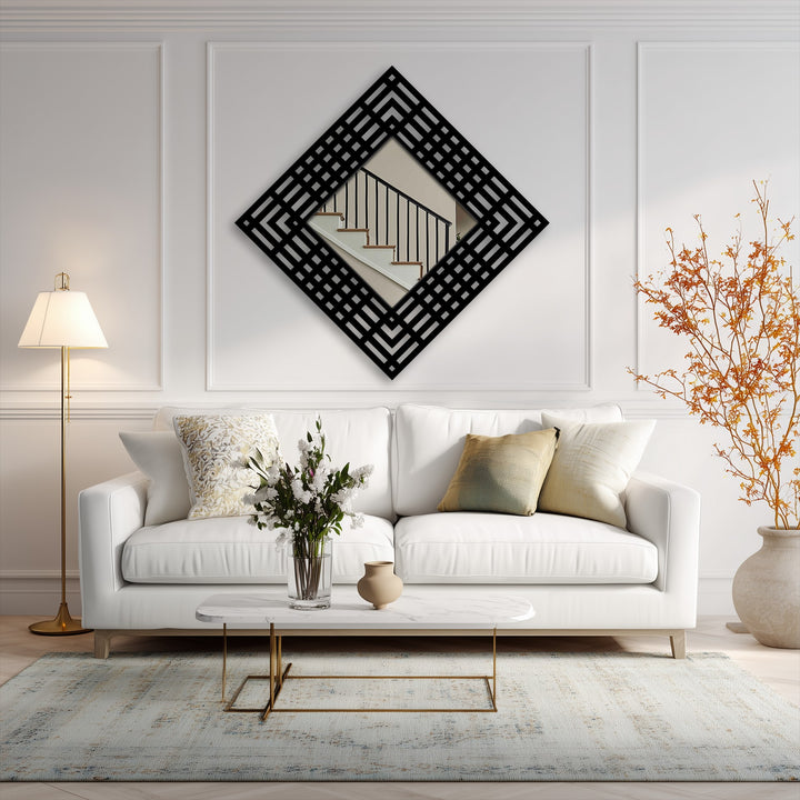 Showcasing decoration wall art, the layered grid diamond frame floor mirror has a modern geometric pattern made of square and linear elements.