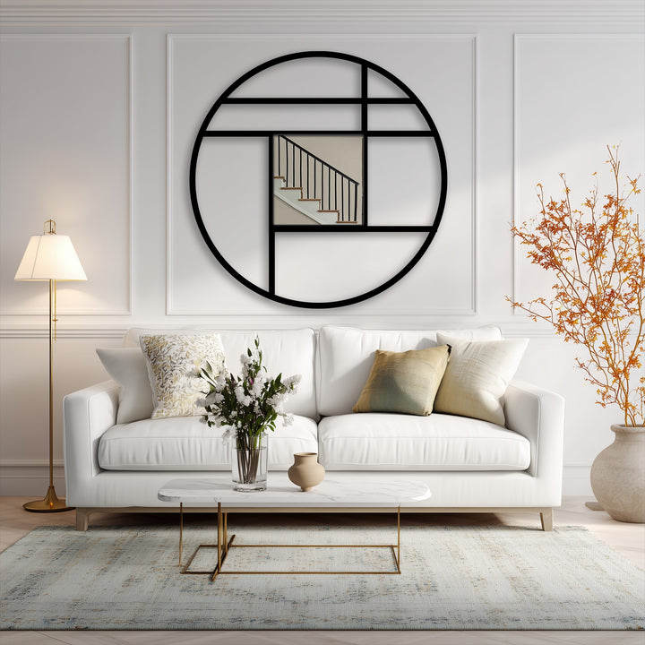 Crisscrossing lines within the geometric circle frame create a dynamic sense of depth, reflecting the suggestion of motion within this metal wall decor.