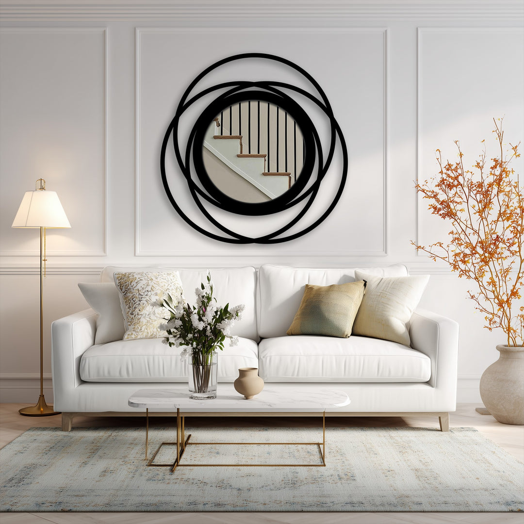 Featuring intertwined rings in a geometric design, this modern wall mirrors floor mirror presents a bold, circular statement with its layered black metal frame.