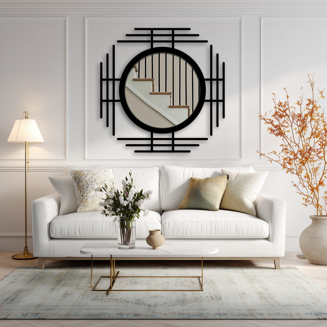 The realistic detail of this geometric line circle floor mirror showcases bold black metal artwork that accentuates the design and modern round center.
