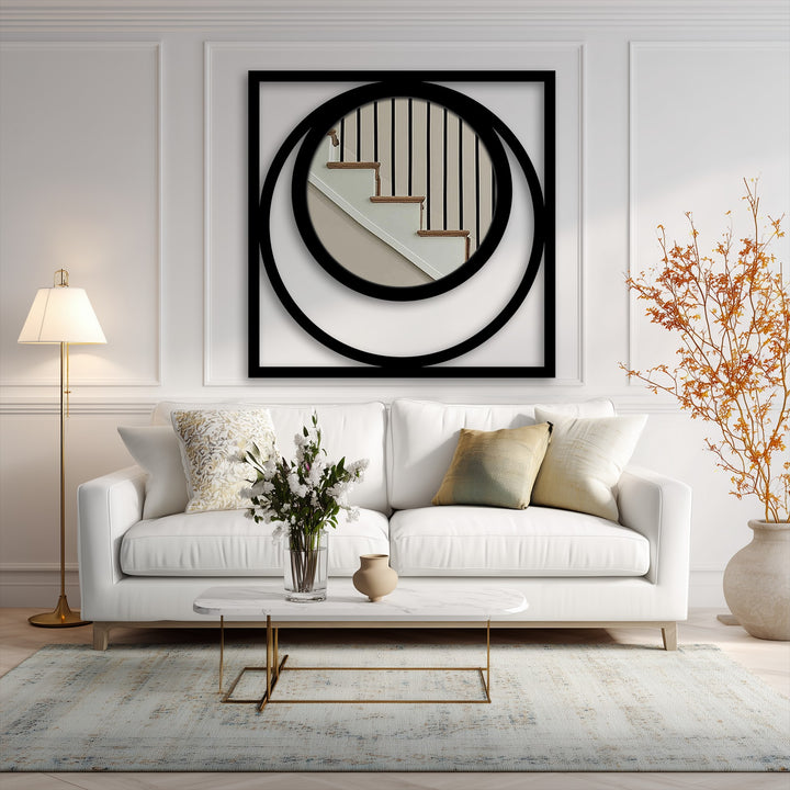 Highlighting the geometric elements, this modern mirror features square and circular metal details, showcasing striking shapes for a unique piece of metal art for wall.