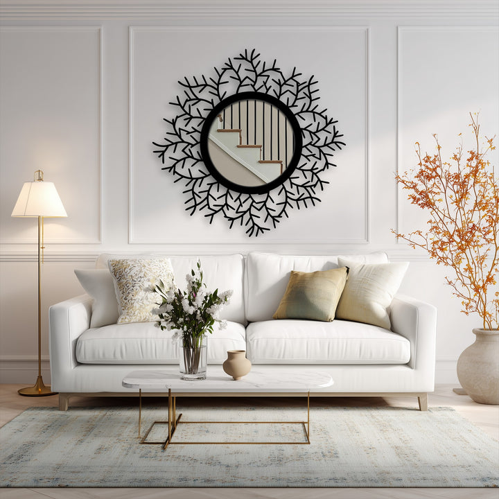 Showcasing the layering effect of the botanical halo floor mirror, where the black metal leaf frame surrounds the central mirror for wall decor.