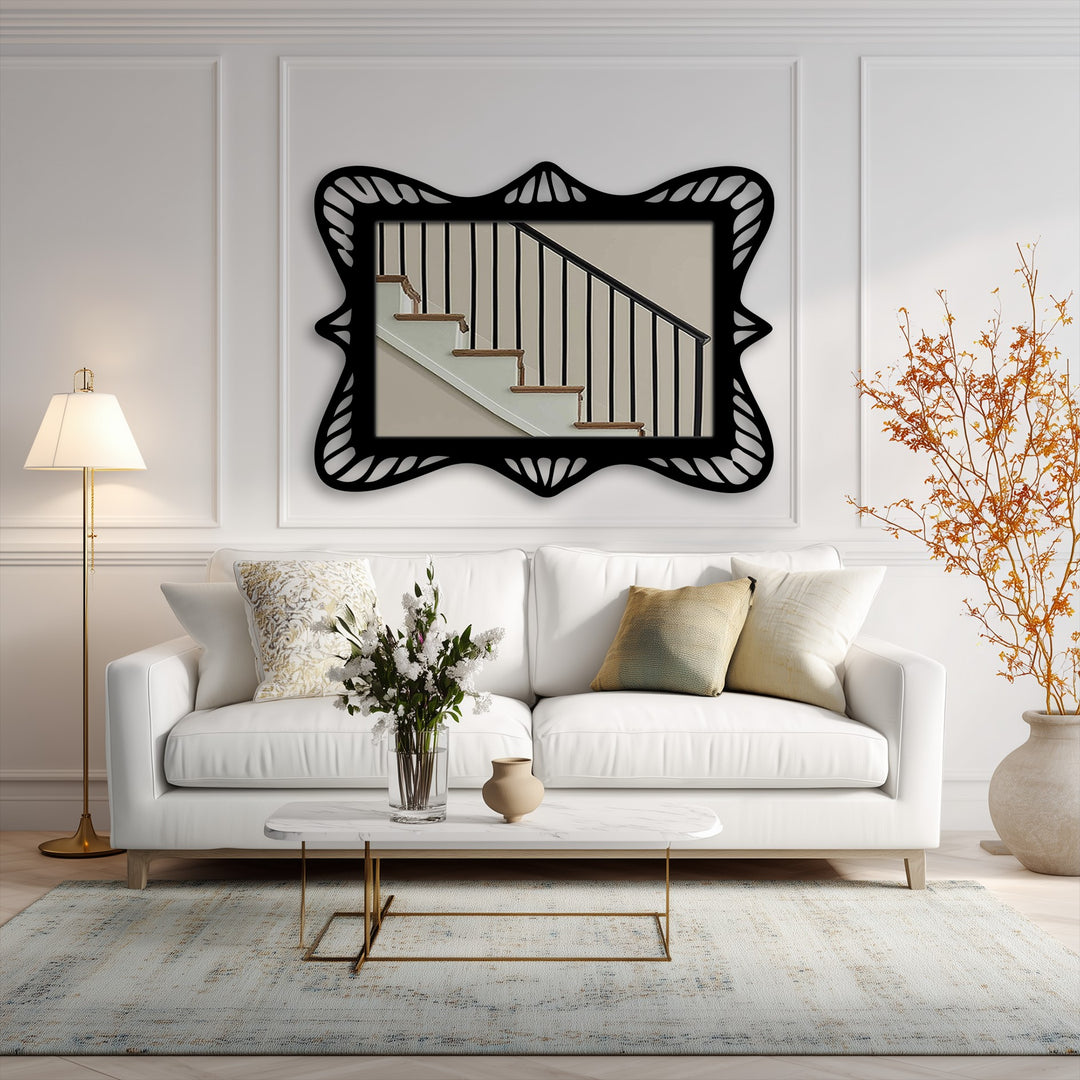 With its cool color temperature, the modern mirror features an ornate wave frame and a rectangular design, adding a unique metal wall art touch.
