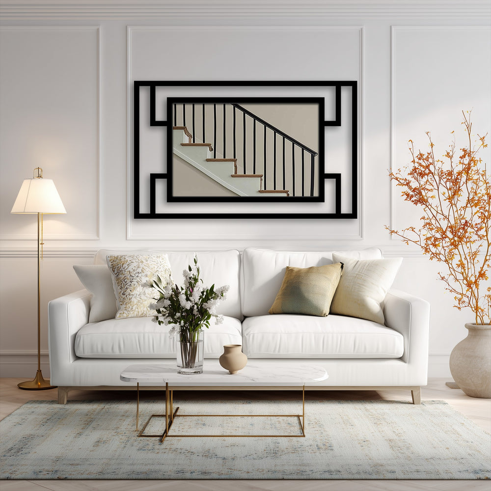 Matte black is the sophisticated finish of this stepped frame geometry metal artwork, highlighting its modern vertical design and enhancing the aesthetic appeal.