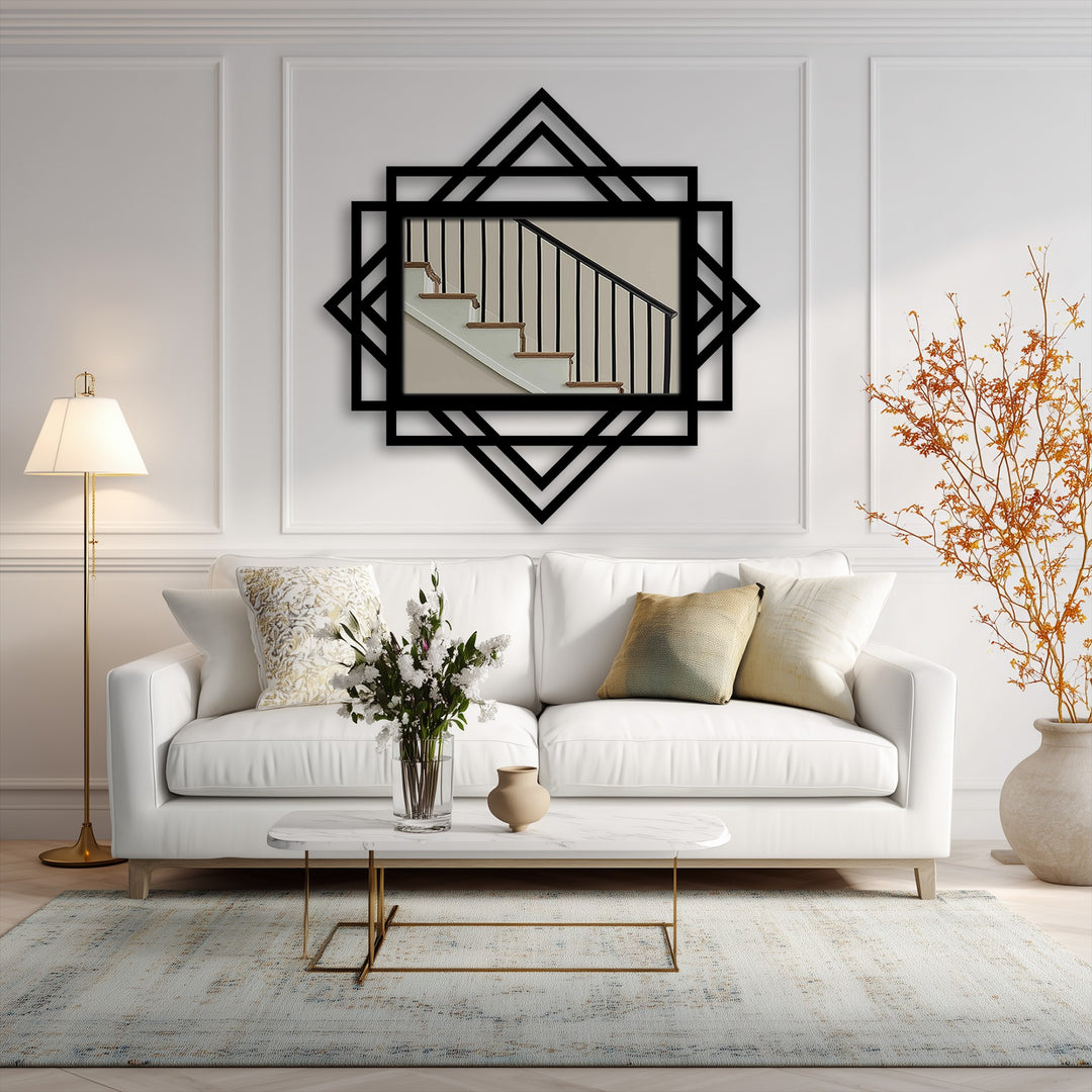 Negative space accentuates the geometric diamond decoration wall art mirror with its modern architectural design and layered black metal frame, creating a striking visual rhythm.